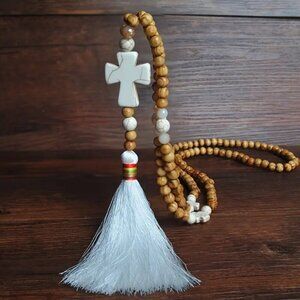 Handmade Boho Tassel Necklace with Wooden Beads & Cross – 34.5” Long #1507